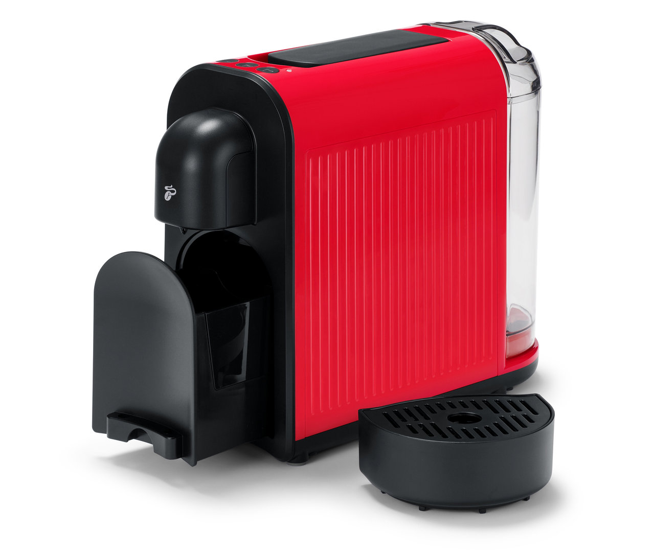 Červený kávovar Cafissimo now red s odnímatelným odkapávacím táckem stojí na bílém povrchu.