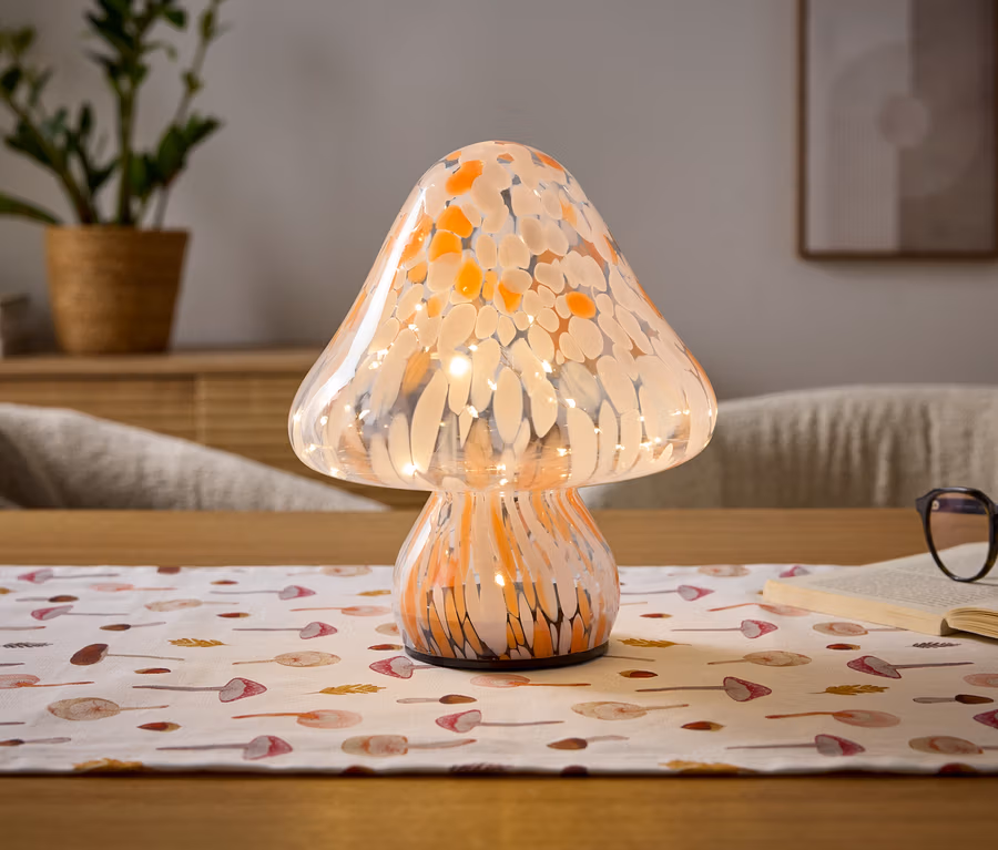 Lampa ve tvaru houby z oranžovo-bílého skvrnitého skla s vnitřními světly stojí na dřevěném stole. Pod ní je bílý běhoun se vzory hub. Napravo leží otevřená kniha s brýlemi s tmavými obroučkami. V rozmazaném pozadí je vidět pokojová rostlina a zarámovaný obraz.