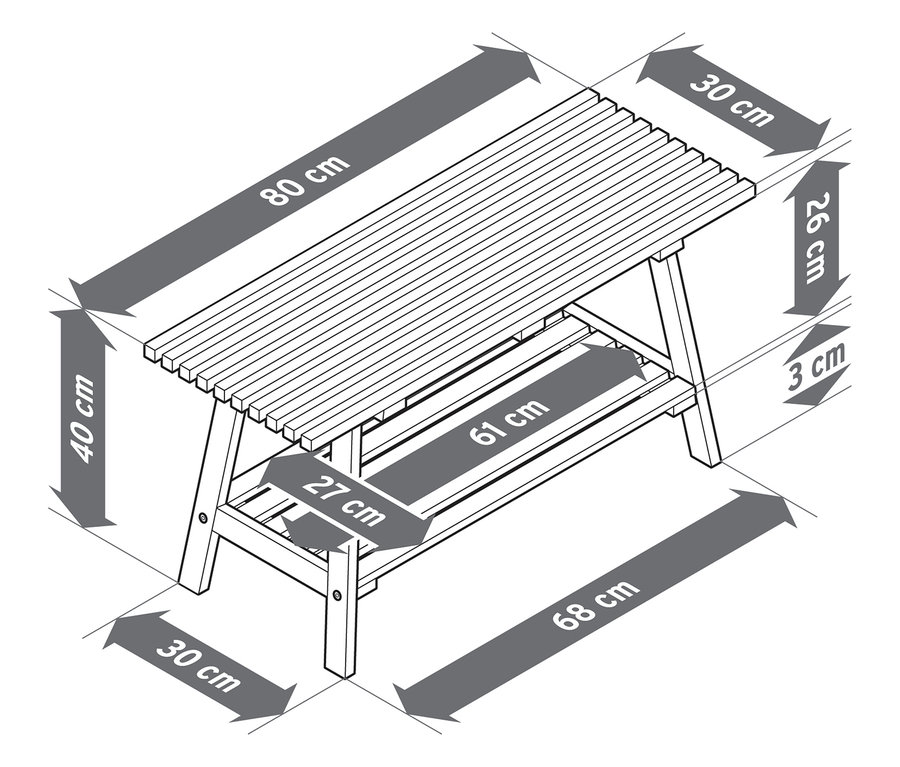 Pohled shora na bambusovou lavici »HOLT« s lamelovými prvky a rozměry.
