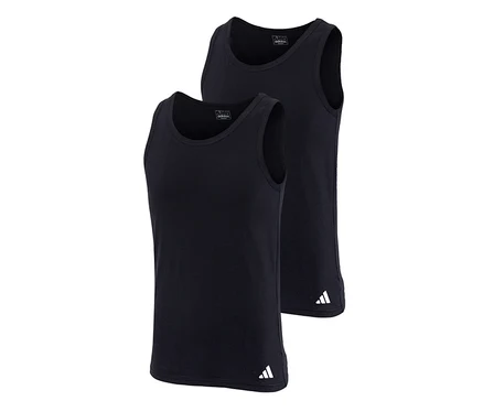 Dvě černá tílka adidas Active Flex, jedno mírně před druhým, obě s bílým logem adidas u spodního lemu.