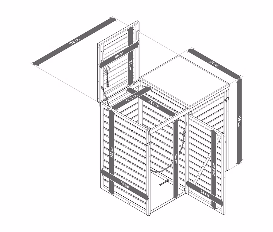 Izometrický pohled na otevřený box na 2 popelnice z dřevěných lamel s rozměry. Box je široký 132 cm, hluboký 84 cm a vysoký 126 cm.