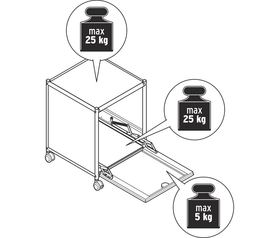 Perokresba kovového odkládacího stolku »CN3« s 1 výklopnými dvířky. Horní plocha unese max. 25 kg, vnitřek výklopné přihrádky max. 25 kg a otevřená dvířka max. 5 kg.