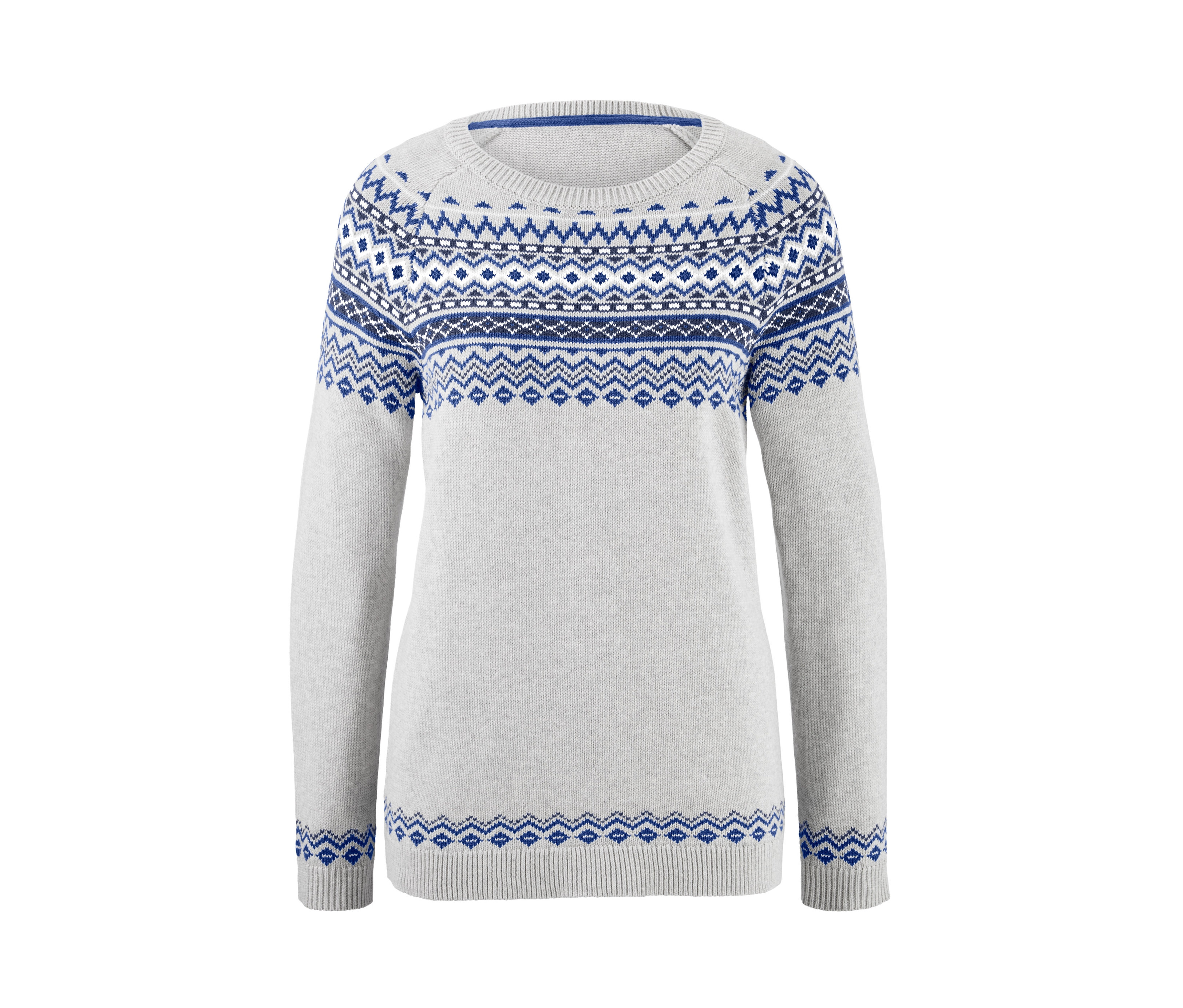 Šedý pletený svetr s norským vzorem.