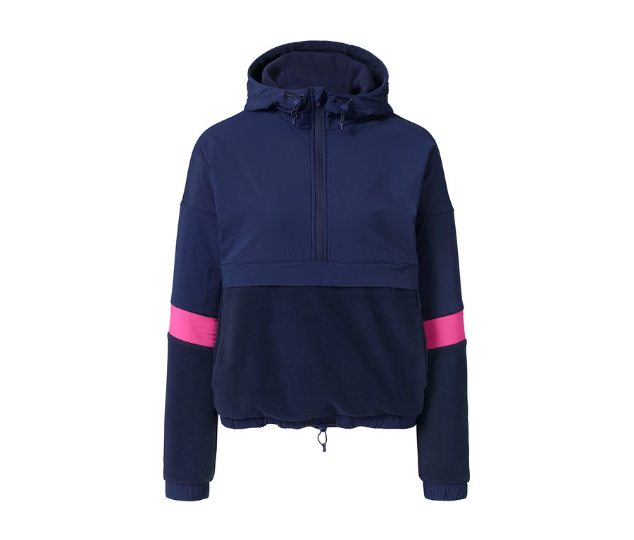 Modrá hybridní fleecová mikina s kapucí.