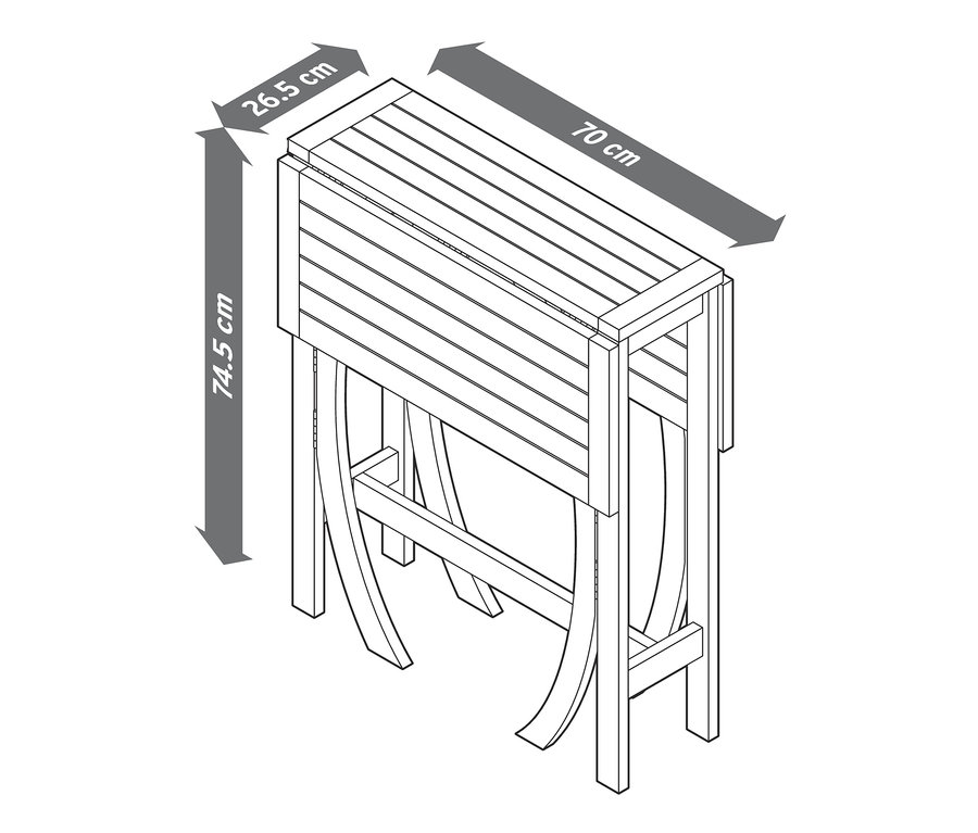Nákres skládacího balkonového setu Lenja s textilním výpletem, rozměry 74,5 x 70 x 26,5 cm.