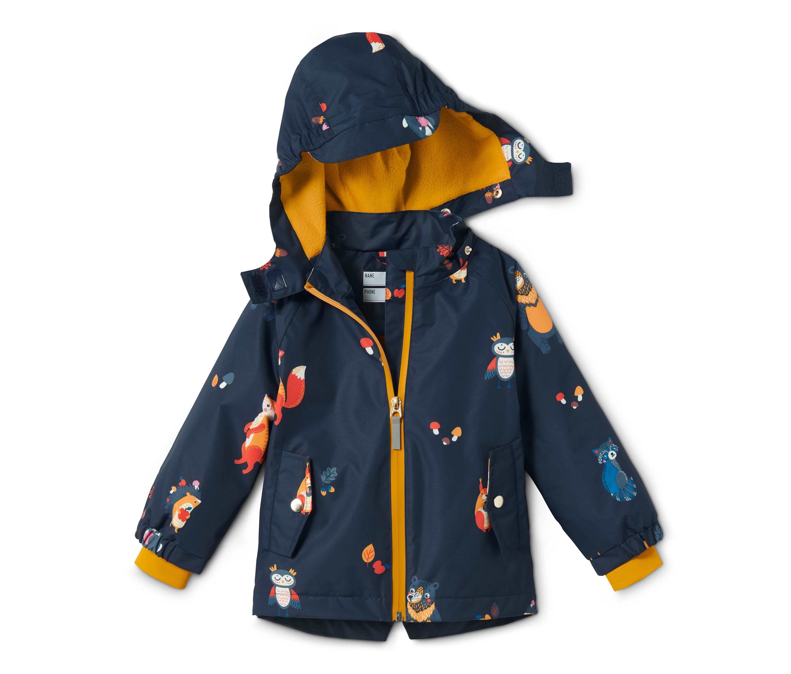 Modrá termobunda do deště s recyklovaným materiálem se vzorem zvířat.