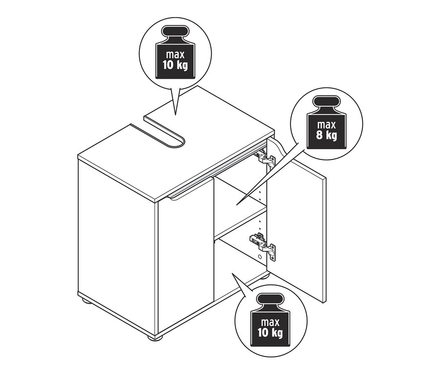 Otevřená skříňka pod umyvadlo s úložným prostorem. Maximální nosnost horní desky je 10 kg a police 8 kg.