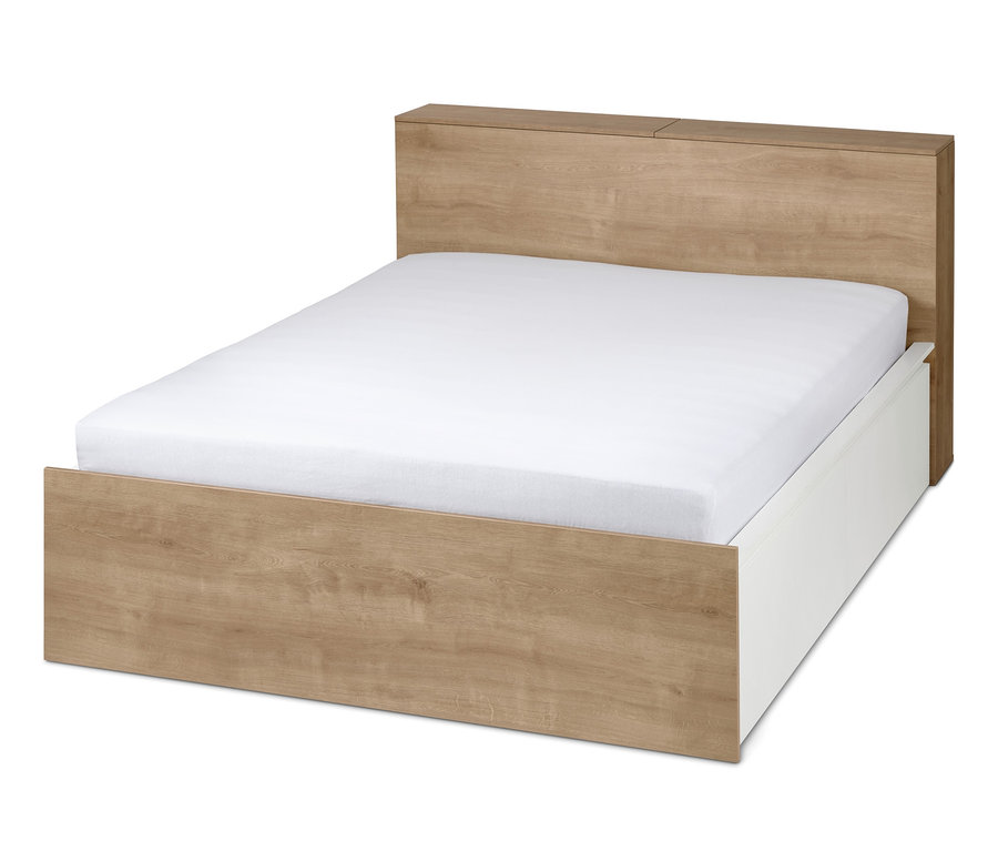 Postel s úložným prostorem s bílou matrací.