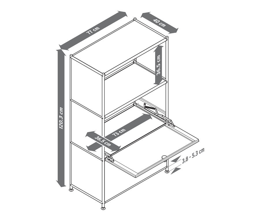 Nákres kovového regálu CN3 se dvěma výklopnými dvířky. Jedna dvířka jsou otevřená.