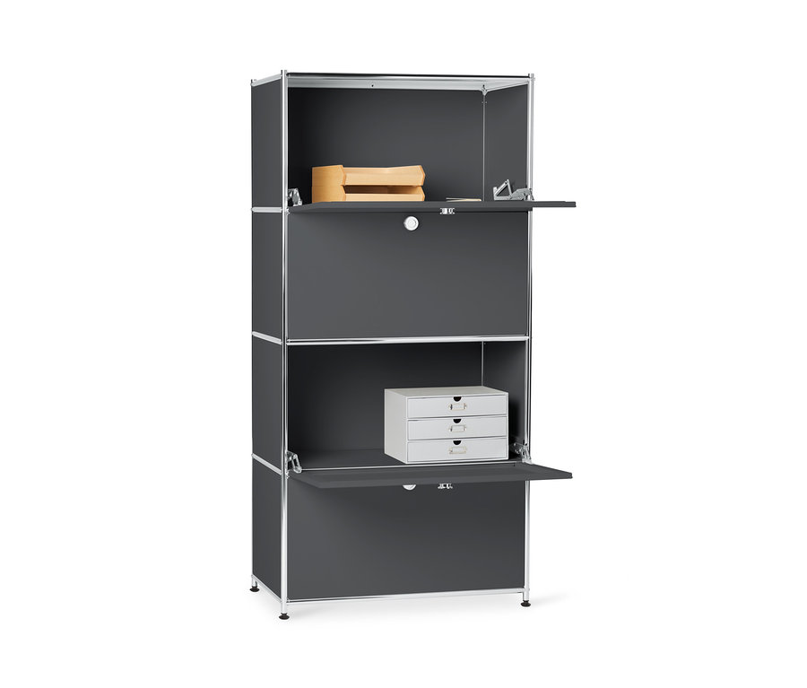 Šedá kovová vysoká skříňka CN3 se 4 výklopnými dvířky, dvě jsou otevřené.