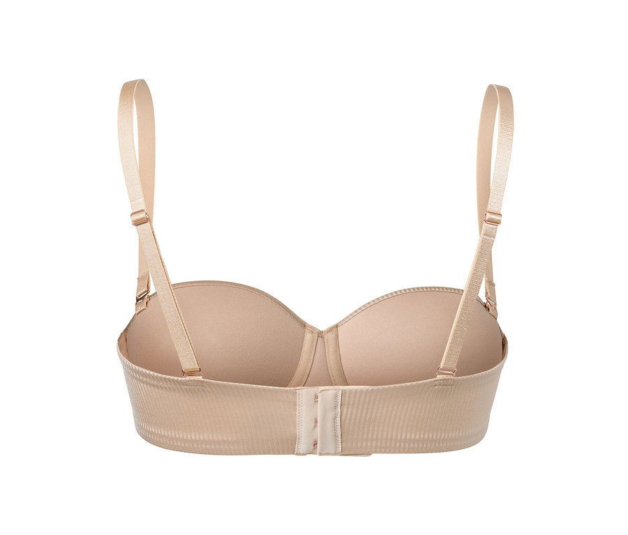 Béžová multifunkční podprsenka s nastavitelnými ramínky a zapínáním vzadu.