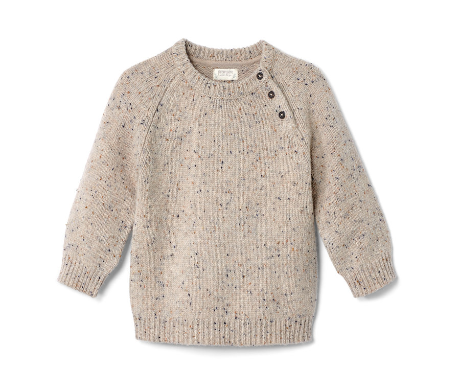 Svetr s kulatým výstřihem z pletené soupravy s merino vlnou, béžový, s knoflíky na rameni.