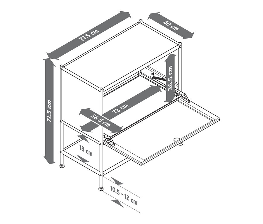 Náčrt béžové kovové odkládací skříňky »CN3« s výklopnými dvířky a rozměry.