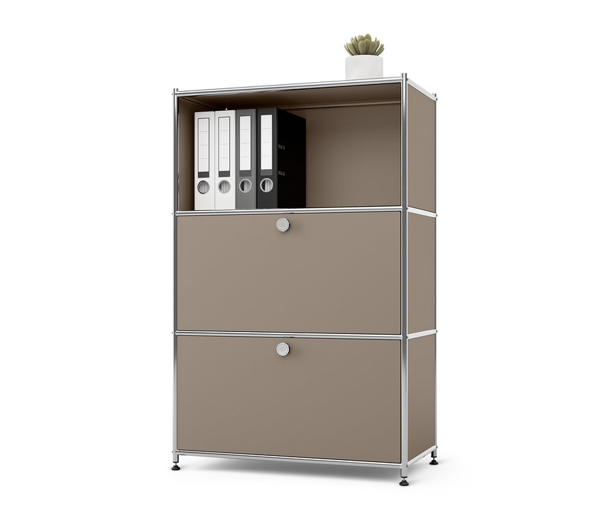 Šedobéžová kovová komoda CN3 se 2 výklopnými dvířky a kovový odkládací stolek »CN3« se 2 výklopnými dvířky.