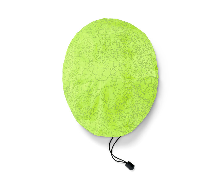 Neonově žlutý potah na cyklistickou přilbu s černou stahovací šňůrkou.