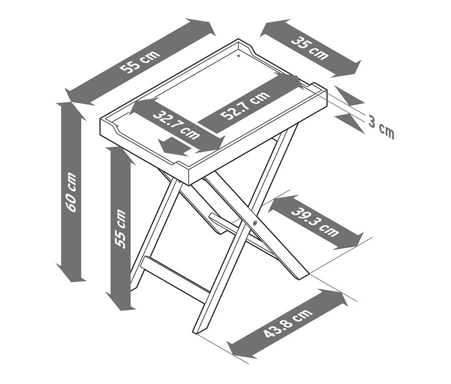 Diagram znázorňuje rozměry stolku s polycementovou deskou.