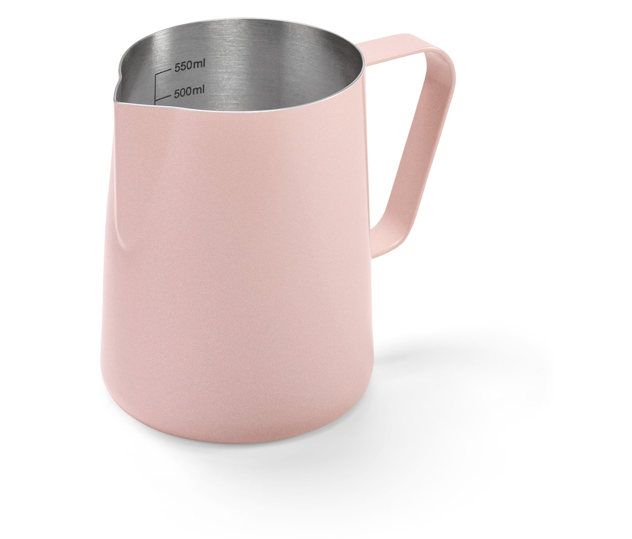 Metalická růžová konvička k napěňování mléka.