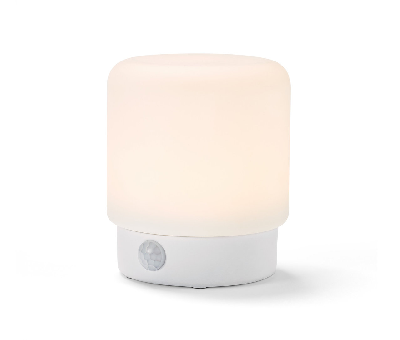 Bílá multifunkční lampička s LED a pohybovým senzorem na bílém pozadí.