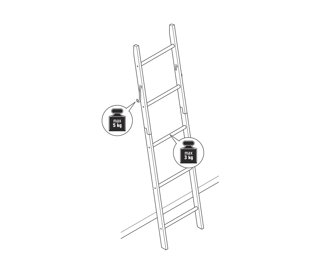 Ilustrace dřevěného žebříkového regálu.