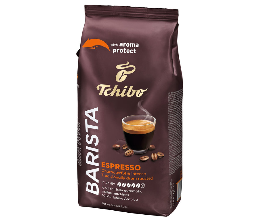 Balení kávy Barista Espresso s šálkem espressa a kávovými zrny.