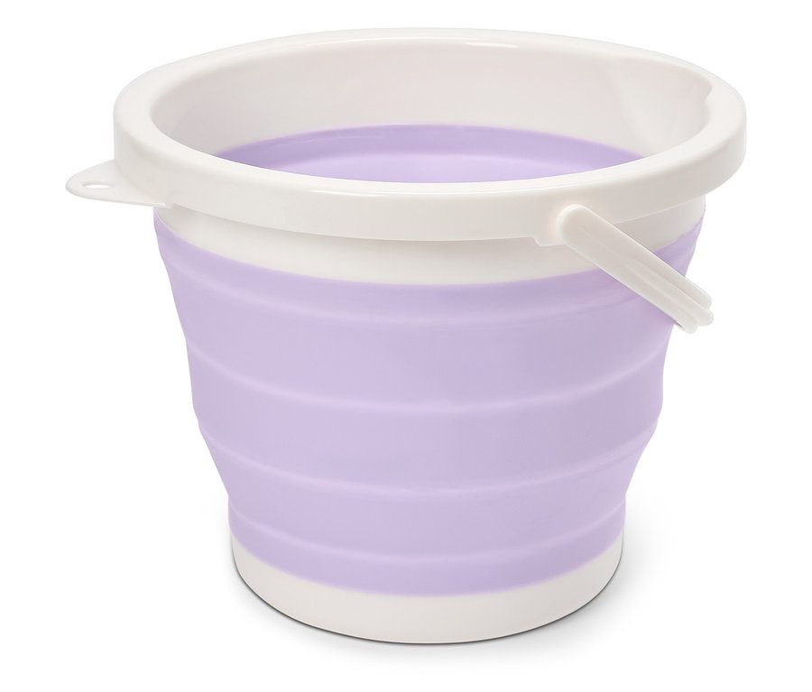 Fialový skládací kbelík s bílým okrajem a rukojetí.