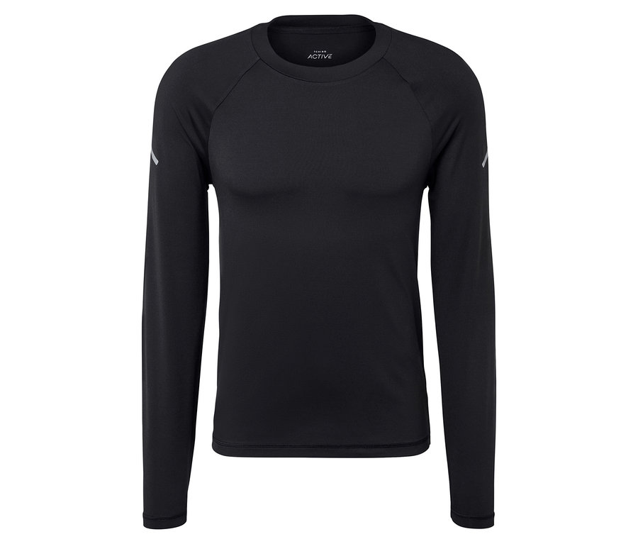 Černé tričko s dlouhým rukávem na bílém pozadí.