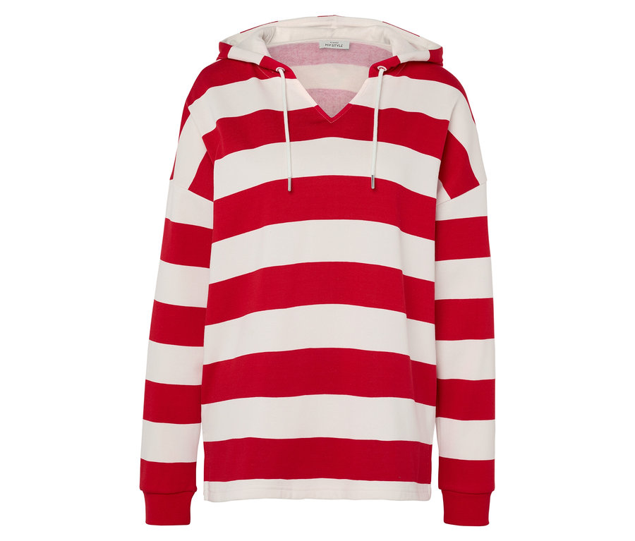 Červeno-bílý pruhovaný pulovr s kapucí a dlouhými rukávy.