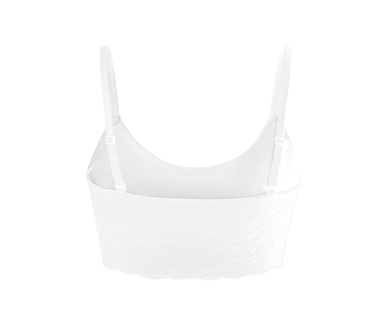 Detail bílé bezešvé podprsenky s krajkou.