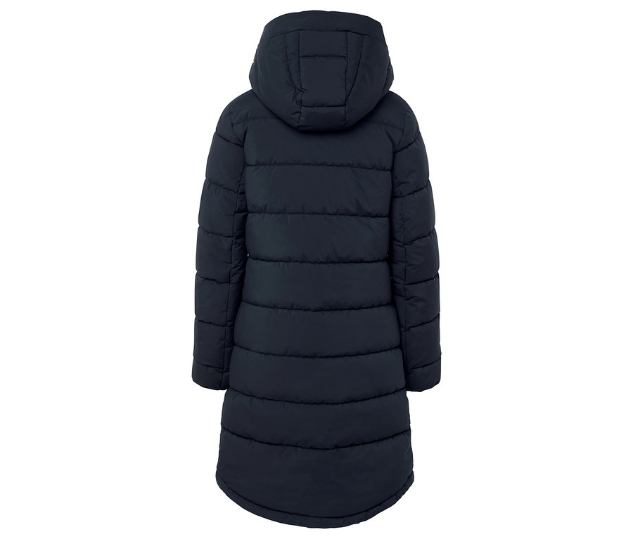 Tmavě modrá prošívaná bunda s kapucí, pohled zezadu.