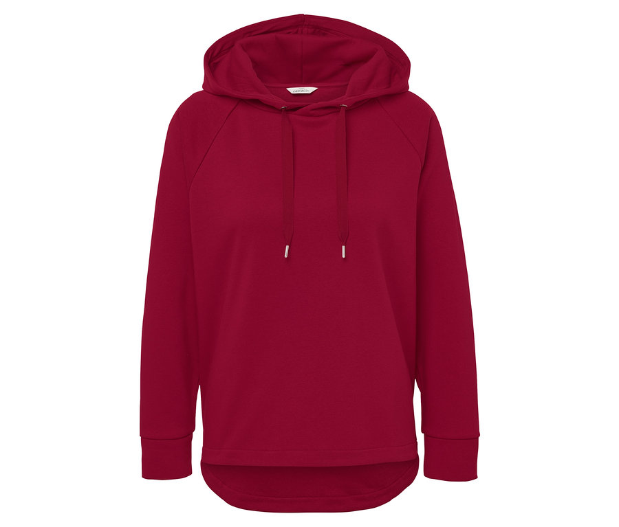 Červená mikina s kapucí Lounge-Sweater se stahovací šňůrkou.