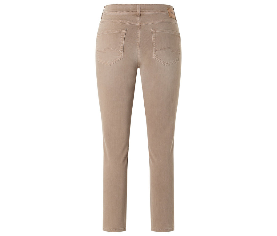 Béžové džíny rovného střihu s kapsami vzadu.