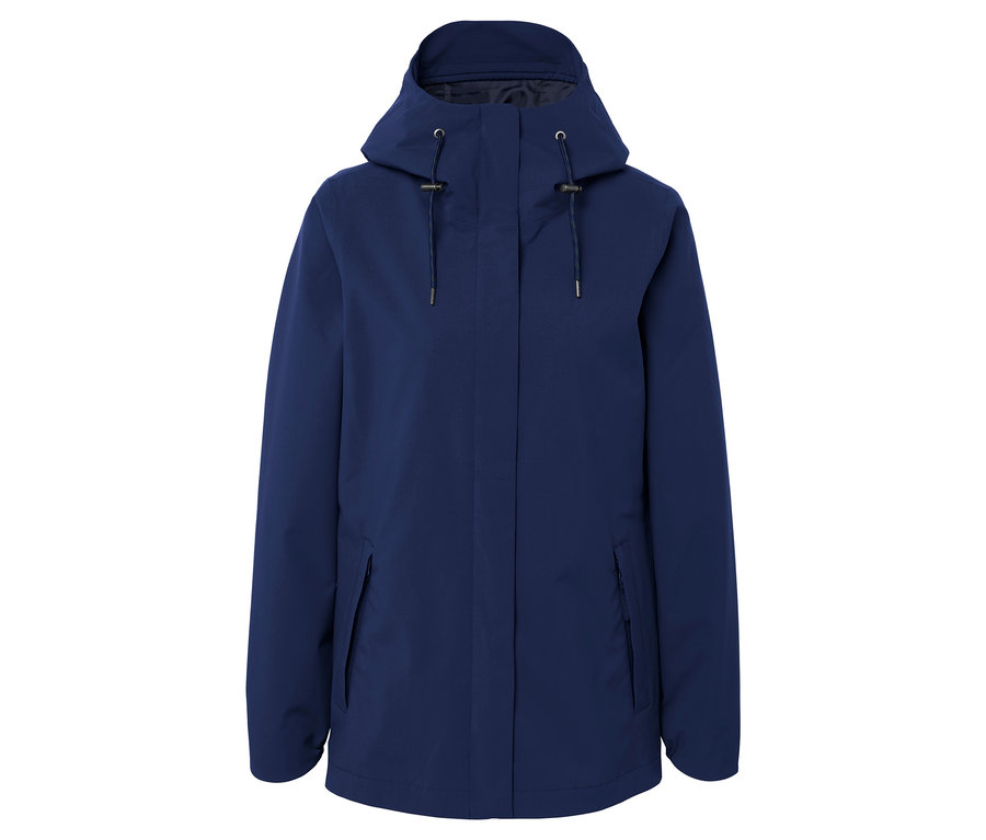 Modrá bunda s kapucí.