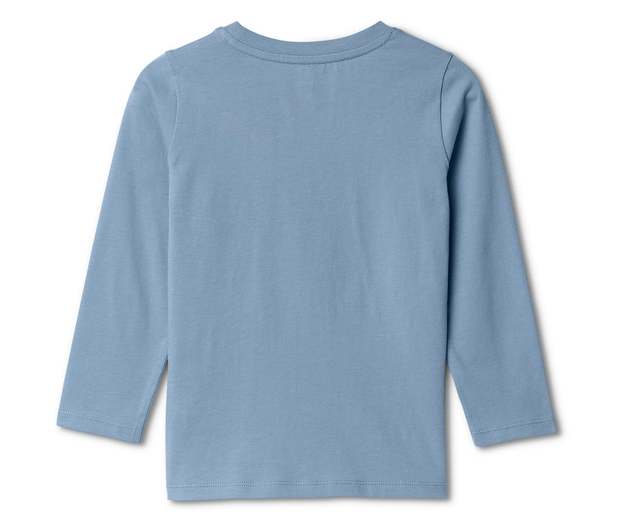 Pohled zezadu na světle modré tričko s dlouhým rukávem.