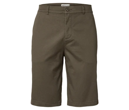 Khaki látkové kraťasy se zapínáním na knoflík.