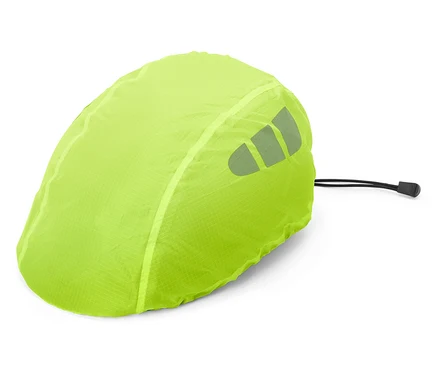 Neonově žlutý potah na cyklistickou helmu s reflexními detaily a černou stahovací šňůrkou leží na bílém pozadí.