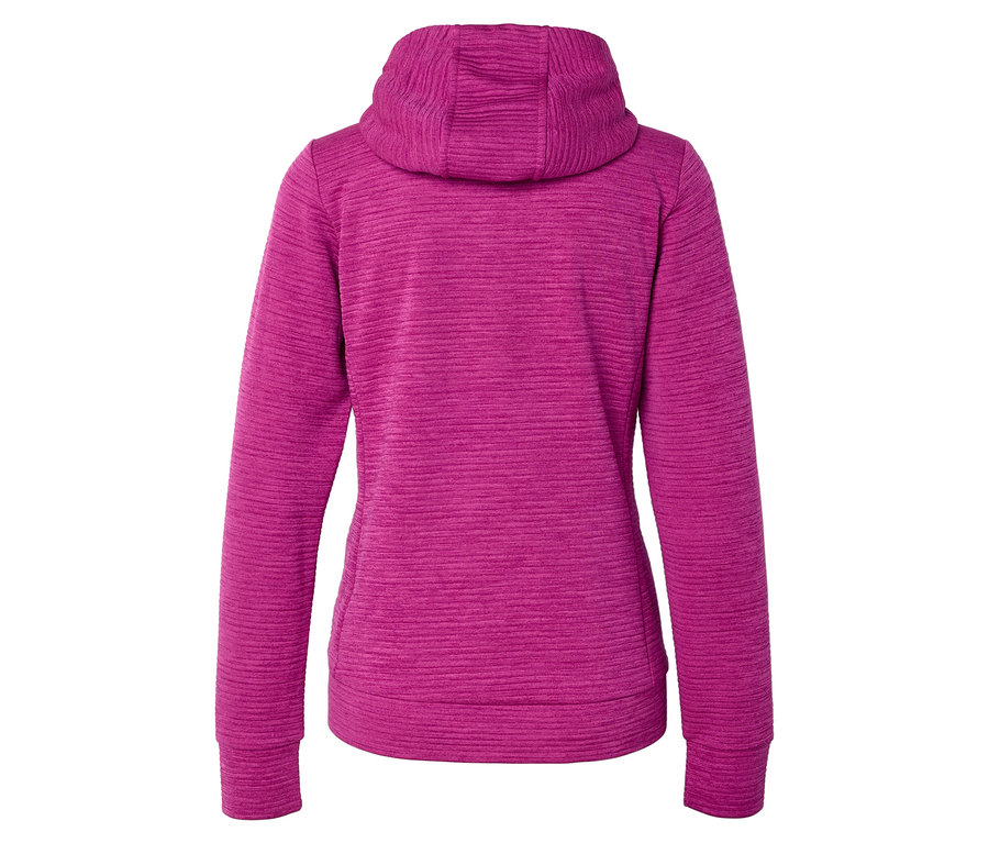 Pohled zezadu na růžovou mikinu s kapucí a dlouhými rukávy.
