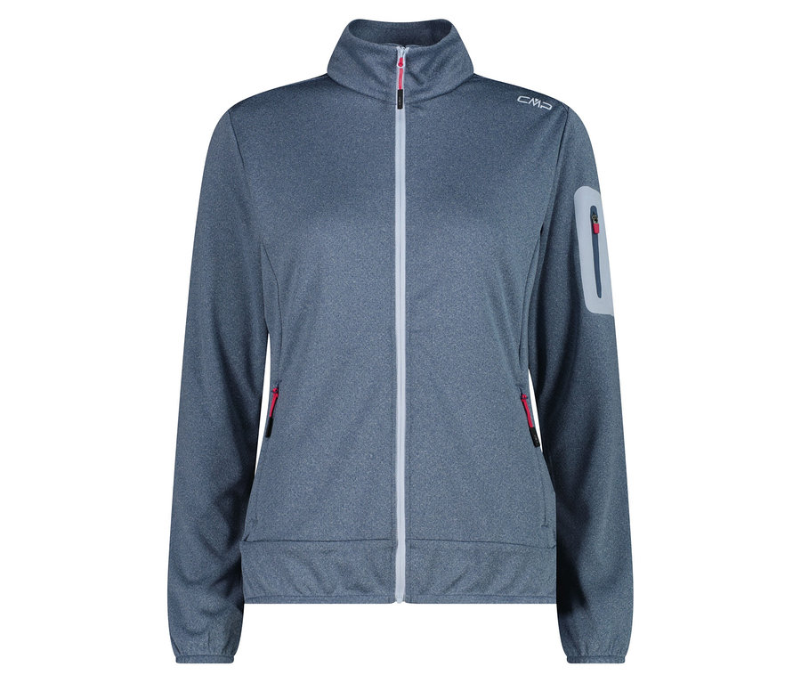 Šedá fleecová bunda CMP s celopropínacím zipem vpředu a červeným akcentem na kapsách.