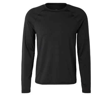 Černý sportovní top s dlouhým rukávem a kulatým výstřihem, izolovaný na bílém pozadí.