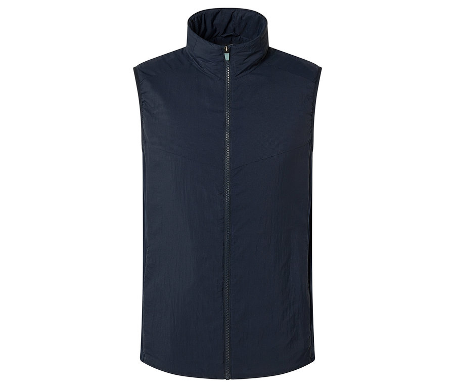 Tmavě modrá vesta se zipem a vysokým límcem.