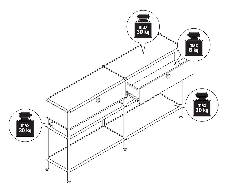 Schematický pohled shora na dvě bílé kovové konzole »CN3 Slim Line« se dvěma zásuvkami, přičemž jedna zásuvka je otevřená. Je uvedena maximální nosnost konzolí a zásuvek.