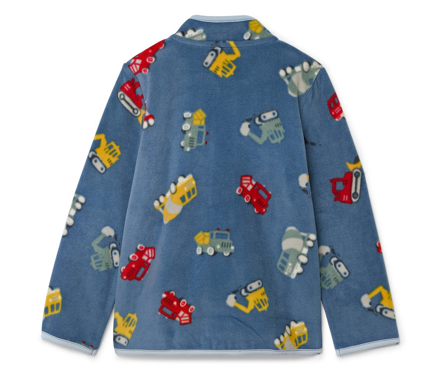 Modrý fleecový vrchní díl s různými barevnými vozidly.