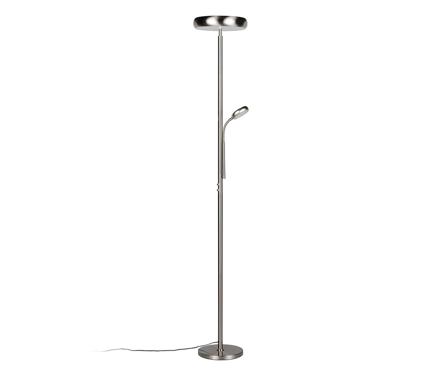 LED stojací lampa Reality »Palermo« z broušeného kovu s hlavním světlem směřujícím nahoru a flexibilním ramenem s menší LED lampičkou na čtení.
