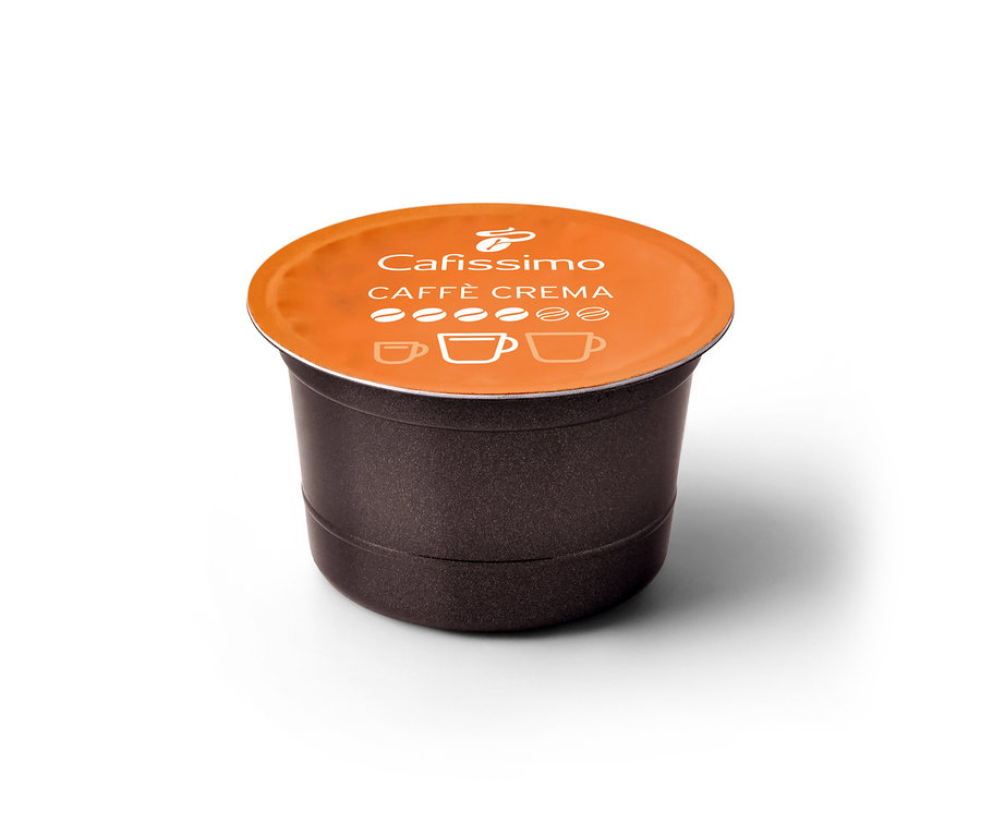 Tmavě hnědá kapsle Cafissimo Caffè Crema plná chuť s oranžovým víčkem, s ikonami kávových zrn a šálků.