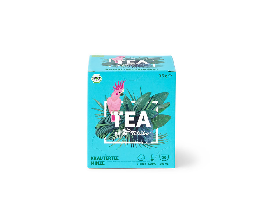Balení BIO TEA by Tchibo máta 8 × 20 × 1,75 g, tyrkysové krabičky s obrázkem papouška kakadu a nápisem TEA.