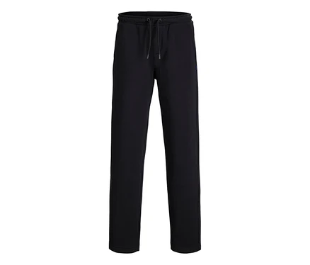 Černé tepláky Jack&Jones Bradley s pasem na šňůrku, ležící naplocho na bílém pozadí.