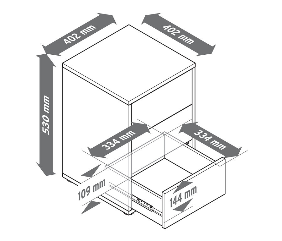 Rozměry nočního stolku boxspring s otevřenou zásuvkou.