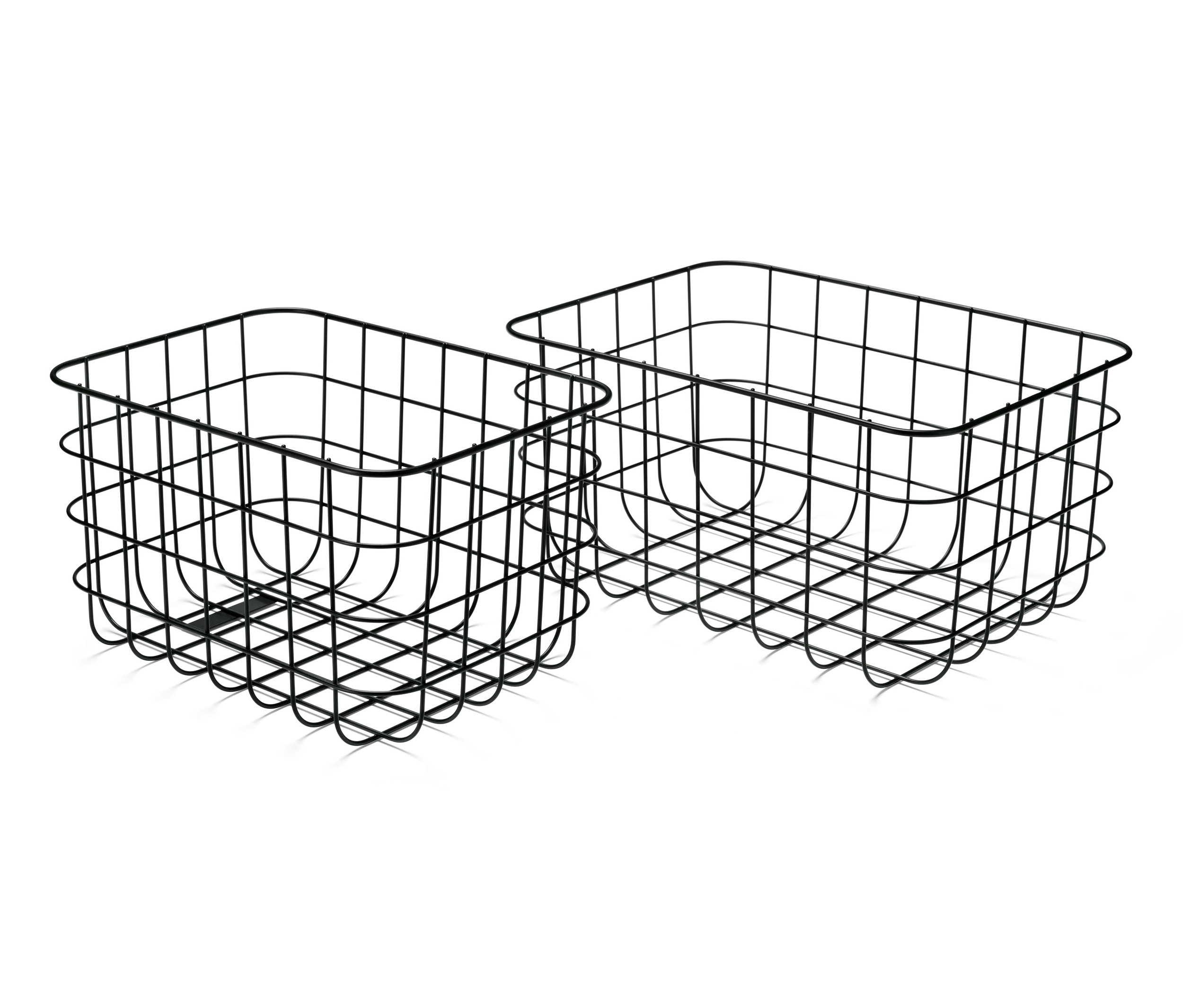 Dva černé dekorativní úložné košíky.