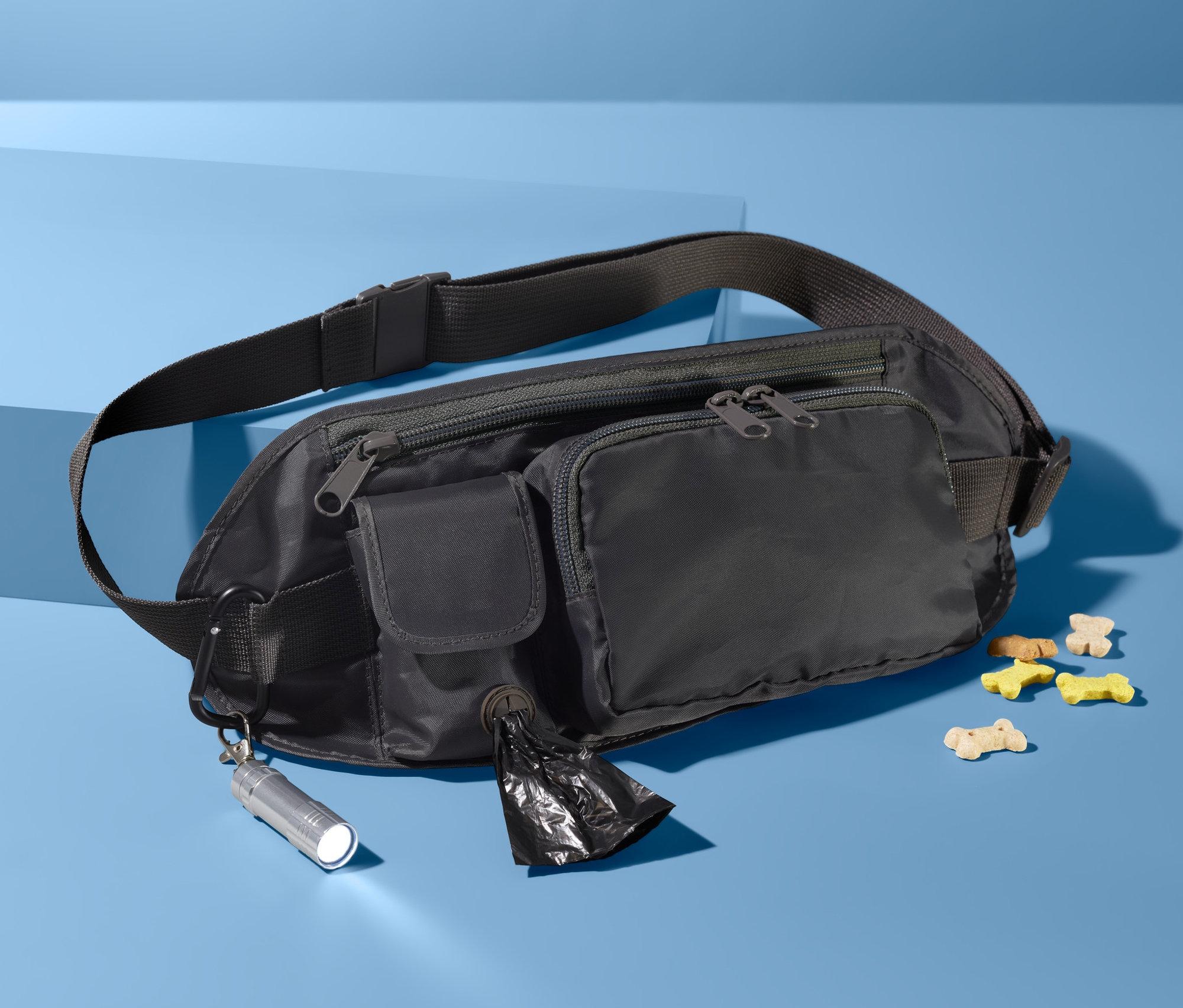 Černá taška a sáčky na psí exkrementy leží na modrém pozadí vedle pamlsků pro psy.