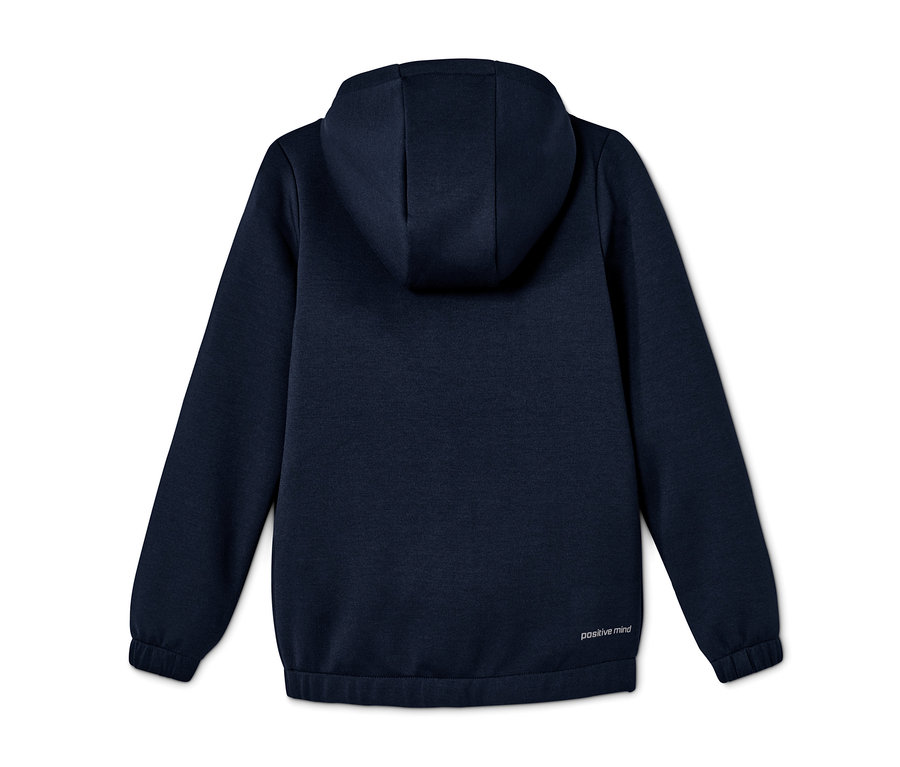 Tmavě modrá sportovní bunda s kapucí a recyklovaného materiálu.