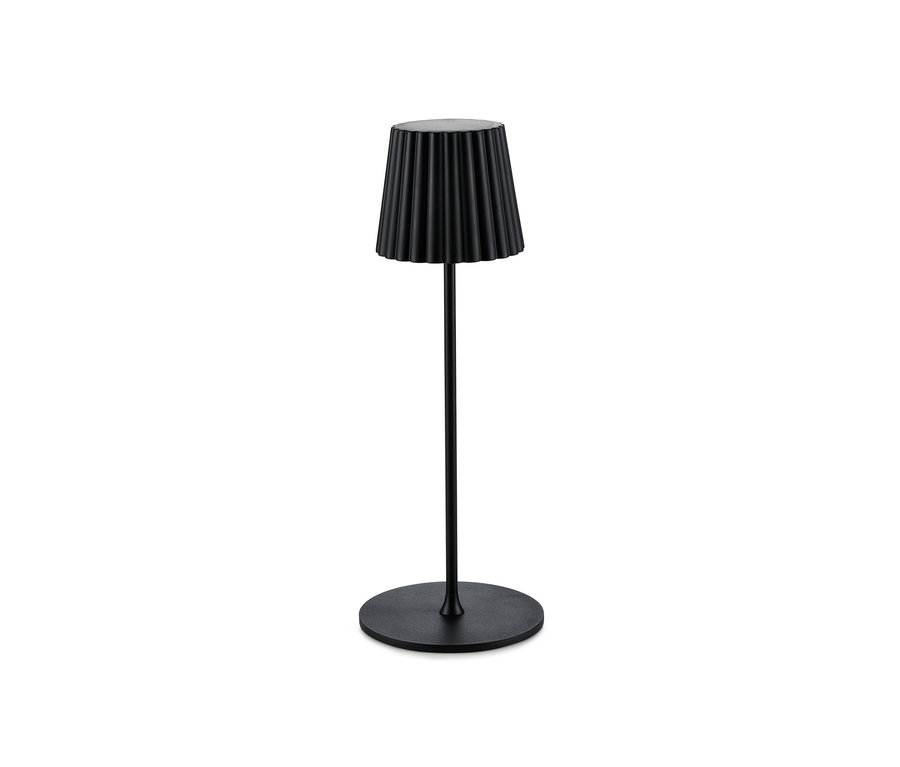 Černá akumulátorová stolní LED lampa.